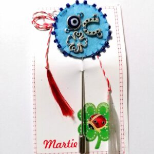 Martisor bleu cu potcoava-trifoi-ochi magic